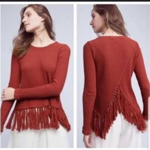 Anthropologie Sweaters - Anthropologie Eri+Ali Scoop Neck Burnt Orange Cuffed Sleeves Fringe Sweater sz S